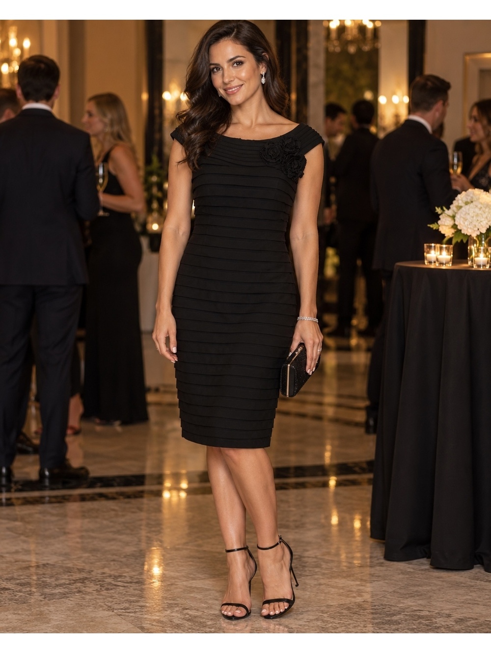 Elegant Black Pleated Sheath Dress with Floral Detail